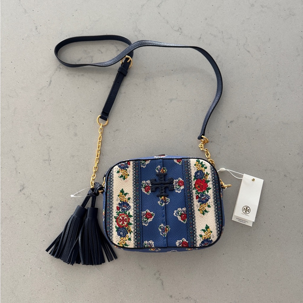 Tory Burch Navy and Cream Floral Crossbody Bag